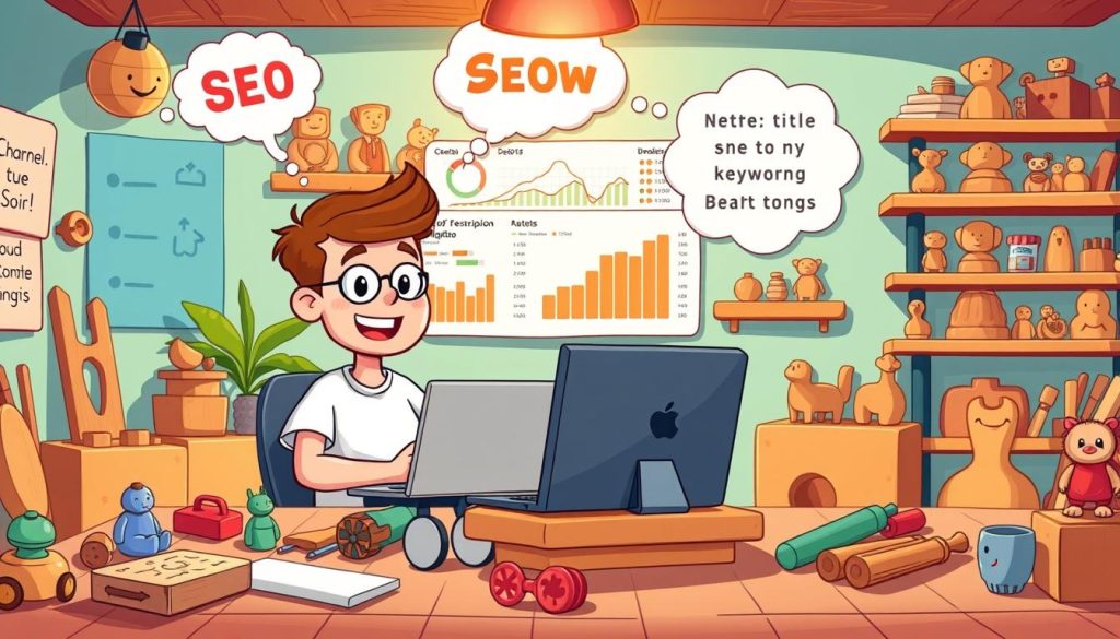 A whimsical, cartoon-style illustration depicting the optimization of a YouTube channel's title, description, and tags for SEO. The scene features a vibrant, playful workspace with colorful wood toys and tools scattered around. In the foreground, a friendly YouTuber character sits at a desk, typing on a laptop surrounded by thought bubbles and icons representing SEO best practices. The middle ground showcases a wall covered in YouTube analytics data and trending keywords. In the background, shelves are filled with carved wooden figurines and other handcrafted items, hinting at the YouTuber's DIY content. The lighting is warm and inviting, creating a cozy, productive atmosphere. The overall composition and style convey the idea of leveraging SEO to grow a successful YouTube channel focused on making wooden toys and crafts.
