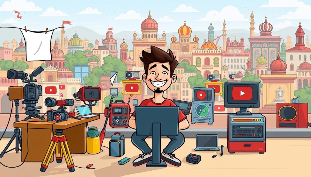A whimsical, cartoon-style illustration depicting the process of monetizing a YouTube channel in Iran. In the foreground, a cheerful YouTuber sits at a desk, surrounded by colorful video equipment and props made from recycled plastic. In the middle ground, an array of digital devices and icons represent the various steps of the YouTube monetization journey, such as setting up an AdSense account and optimizing videos for maximum engagement. In the background, a vibrant cityscape with iconic Iranian architecture serves as a backdrop, hinting at the unique challenges and opportunities of the local YouTube ecosystem. The overall scene conveys a sense of creativity, resourcefulness, and the potential for financial success through YouTube content creation in Iran.