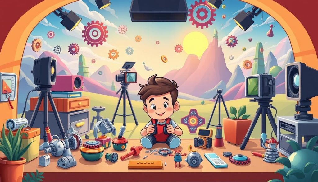 A whimsical, cartoon-style illustration of a YouTuber's workspace, depicting the process of creating engaging content for a "metallic toy" channel. In the foreground, a playful character tinkering with various metal toys and tools, surrounded by colorful, imaginative elements. The middle ground features a vibrant, well-lit studio setup with a video camera, lighting, and other production equipment. The background showcases a dynamic, surreal landscape with floating gears, cogs, and abstract metal shapes, conveying a sense of creativity and the potential for earning income through YouTube. The overall scene exudes a lighthearted, imaginative atmosphere that aligns with the article's subject matter.