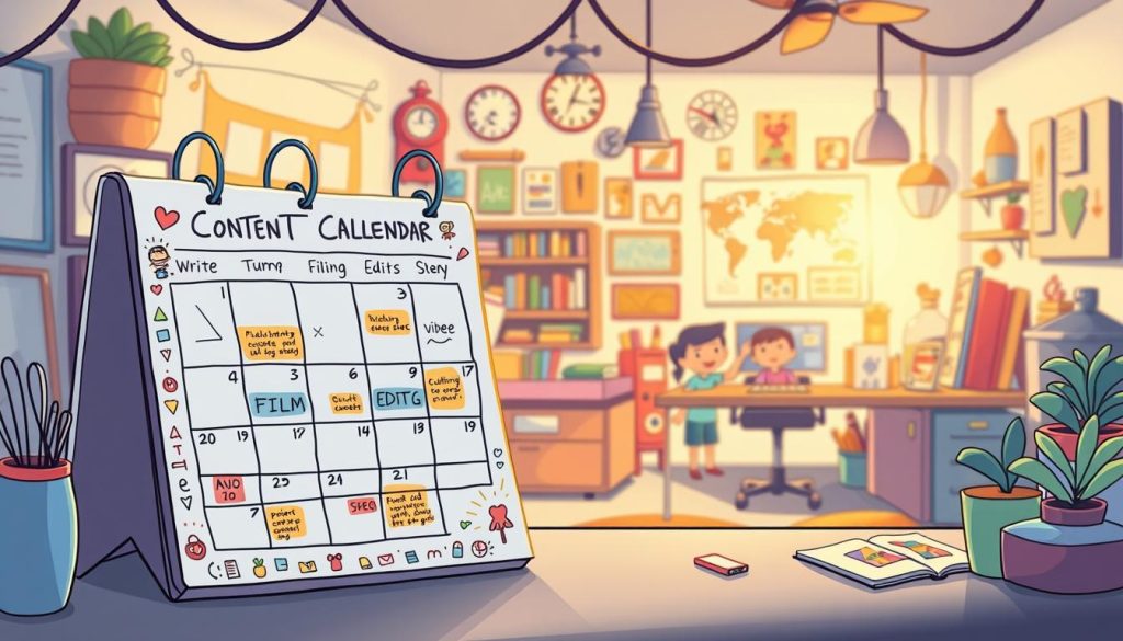A whimsical, cartoon-style illustration of a content creation calendar. In the foreground, a colorful, stylized calendar with intricate, hand-drawn details and vibrant, playful imagery. The middle ground features a group of cheerful, anthropomorphic characters, each representing a different aspect of the content creation process - writing, filming, editing, and publishing. In the background, a lively, imaginative workspace filled with various creative tools and supplies. The scene is bathed in warm, soft lighting, creating a cozy, inspirational atmosphere. The overall composition conveys a sense of organization, creativity, and the joy of producing engaging content.