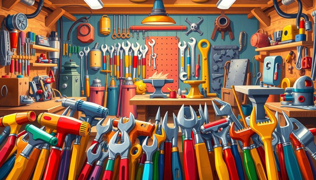 A whimsical, cartoon-style workshop filled with a vibrant array of metalworking tools. In the foreground, an assortment of brightly colored hammers, pliers, and saws await the skilled hands of a playful artisan. The middle ground showcases a collection of quirky, anthropomorphized screwdrivers and wrenches, each with its own endearing personality. In the background, a colorful arrangement of welding torches, anvils, and metal sheets creates a lively, imaginative setting for the creation of fantastical metal sculptures and toys. The scene is bathed in a warm, cheerful lighting that enhances the playful, inviting atmosphere.