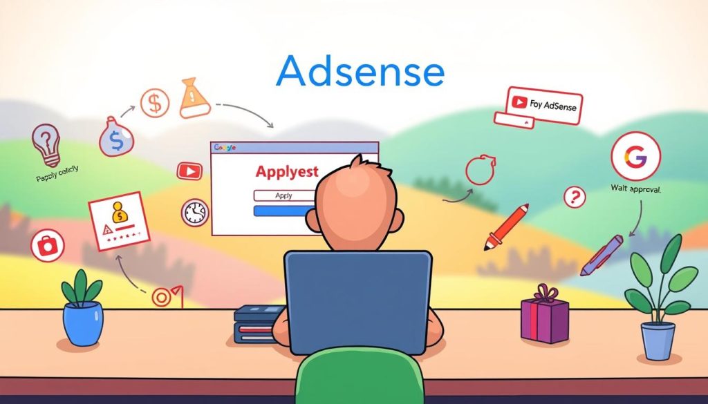 A whimsical, colorful illustration depicting the process of applying for AdSense services. In the foreground, a cartoon character sits at a desk, intently filling out an online form on a laptop screen. Surrounding them are playful icons and symbols representing the key steps - from clicking the "Apply" button to waiting eagerly for approval. The mid-ground features stylized graphics of dollar signs, AdSense logos, and other relevant elements. In the background, a vibrant, abstract landscape sets an optimistic, energetic tone. Soft, diffused lighting creates a warm, inviting atmosphere. The overall scene conveys the excitement and anticipation of embarking on a new monetization opportunity for a YouTube vlogging channel focused on hairstyling and makeup.