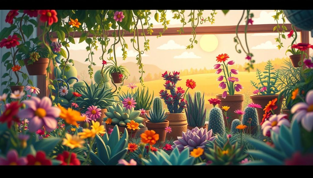 A whimsical garden filled with vibrant ornamental plants, captured through the lens of a vintage camera. In the foreground, a lush assortment of colorful flowers and foliage dance in the soft, warm lighting. The middle ground features a mix of potted succulents and trailing vines, their intricate textures and shapes accentuated by the camera's shallow depth of field. In the background, a stylized, cartoon-like landscape sets the stage, with playful details like swirling clouds and a cheerful sun peeking through. The overall mood is one of joy, wonder, and the simple pleasures of nurturing a thriving indoor oasis. A whimsical garden filled with vibrant ornamental plants, captured through the lens of a vintage camera. In the foreground, a lush assortment of colorful flowers and foliage dance in the soft, warm lighting. The middle ground features a mix of potted succulents and trailing vines, their intricate textures and shapes accentuated by the camera's shallow depth of field. In the background, a stylized, cartoon-like landscape sets the stage, with playful details like swirling clouds and a cheerful sun peeking through. The overall mood is one of joy, wonder, and the simple pleasures of nurturing a thriving indoor oasis.