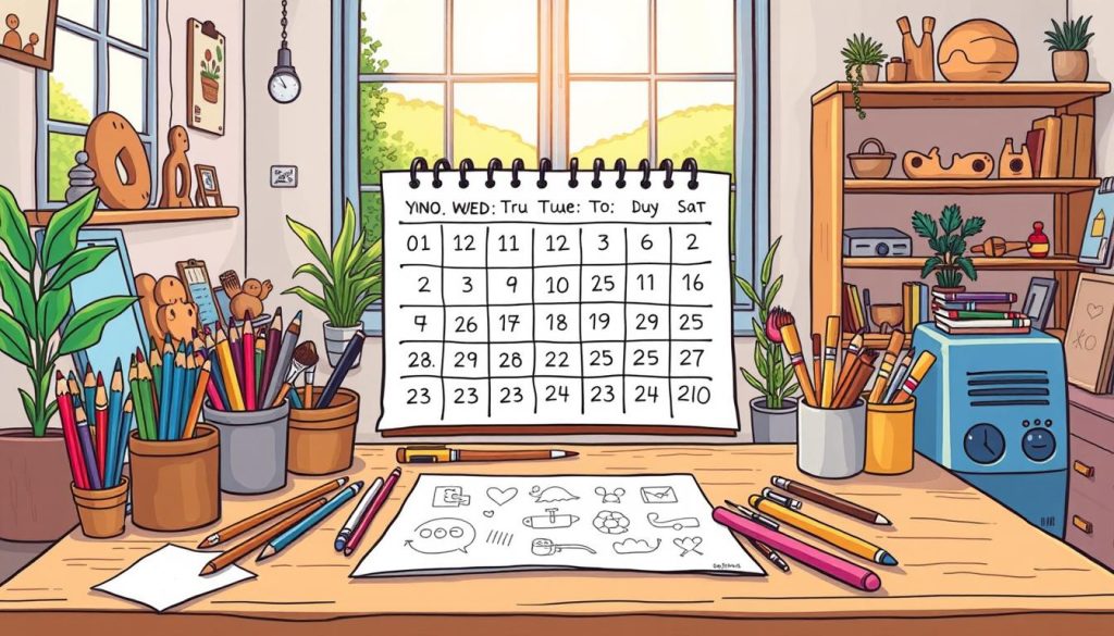A whimsical, hand-drawn cartoon calendar depicting a vibrant, creative workspace. In the foreground, a wooden desk is adorned with an assortment of colorful pencils, brushes, and art supplies. A large calendar grid dominates the central frame, its days filled with playful doodles and sketches. The background showcases a cozy, sun-drenched studio, with shelves of wooden toys and a window overlooking a lush, verdant landscape. The overall mood is one of inspirational productivity and artistic expression, capturing the essence of a YouTuber's content creation journey.