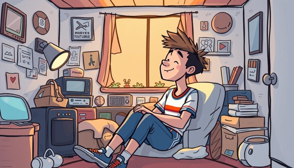 A whimsical, hand-drawn cartoon scene depicting a young athlete sitting in a cozy room, surrounded by various personal items and mementos that hint at their daily life and passions. The lighting is soft and warm, creating a welcoming, intimate atmosphere. The athlete is leaning back, lost in thought, a small smile playing on their lips, as if they are reflecting on the reasons behind their decision to start a behind-the-scenes YouTube channel. The background is filled with vibrant colors and playful, stylized elements that complement the overall lighthearted tone. The image aims to convey the idea of sharing a glimpse into the everyday life of a professional athlete, sparking the viewer's curiosity and interest in the stories and experiences that lie behind the scenes.