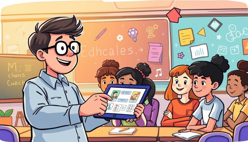 A whimsical, hand-drawn illustration of a captivating educational content creation process. In the foreground, a friendly, bespectacled instructor gesticulates enthusiastically while presenting engaging visuals on a digital tablet. In the middle ground, a group of diverse, animated students lean in, enthralled by the interactive lesson. The background depicts a vibrant, colorful classroom setting, with educational icons and symbols floating playfully. Warm, soft lighting illuminates the scene, creating a welcoming, immersive atmosphere that inspires curiosity and learning.