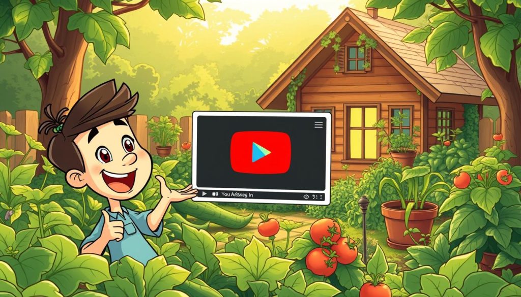 A whimsical illustration of a YouTube channel focused on home gardening and vegetable cultivation. In the foreground, a cartoonish YouTuber excitedly gestures towards a vibrant, verdant garden, surrounded by flourishing plants and a cheerful, pastoral atmosphere. In the middle ground, the YouTube platform interface comes to life, with the AdSense logo prominently displayed, signifying the channel's monetization capabilities. The background features a cozy, inviting home surrounded by lush greenery, evoking a sense of domestic tranquility and self-sufficiency. The lighting is warm and natural, capturing the serene mood of the scene. The overall composition conveys the joy and rewards of nurturing a thriving home garden, with AdSense enabling the creator to share their passion with the world. A whimsical illustration of a YouTube channel focused on home gardening and vegetable cultivation. In the foreground, a cartoonish YouTuber excitedly gestures towards a vibrant, verdant garden, surrounded by flourishing plants and a cheerful, pastoral atmosphere. In the middle ground, the YouTube platform interface comes to life, with the AdSense logo prominently displayed, signifying the channel's monetization capabilities. The background features a cozy, inviting home surrounded by lush greenery, evoking a sense of domestic tranquility and self-sufficiency. The lighting is warm and natural, capturing the serene mood of the scene. The overall composition conveys the joy and rewards of nurturing a thriving home garden, with AdSense enabling the creator to share their passion with the world.