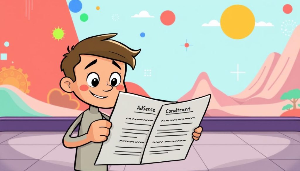 A whimsical illustration of the AdSense terms and conditions, depicted through a cartoonish, playful style. In the foreground, a friendly, animated character examines a contract, their expression conveying a mix of curiosity and understanding. The middle ground features a vibrant, abstract background with colorful shapes and patterns, hinting at the digital world of online advertising. The background showcases a minimalist, geometric landscape, suggesting the broader context of the AdSense platform. The overall mood is lighthearted and accessible, inviting the viewer to engage with the nuances of the service requirements. A whimsical illustration of the AdSense terms and conditions, depicted through a cartoonish, playful style. In the foreground, a friendly, animated character examines a contract, their expression conveying a mix of curiosity and understanding. The middle ground features a vibrant, abstract background with colorful shapes and patterns, hinting at the digital world of online advertising. The background showcases a minimalist, geometric landscape, suggesting the broader context of the AdSense platform. The overall mood is lighthearted and accessible, inviting the viewer to engage with the nuances of the service requirements.