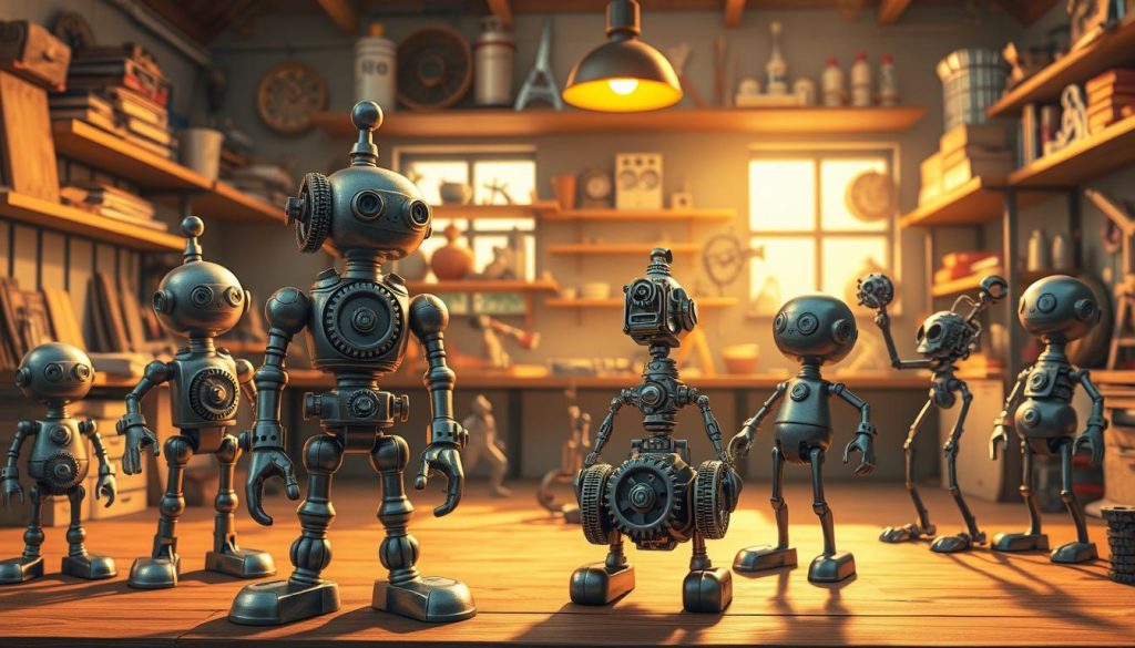 A whimsical metal toy workshop, bathed in warm, golden light. Meticulously crafted mechanical figurines stand in the foreground, their gears and cogs gleaming. In the middle ground, a variety of playful, kinetic sculptures dance and twirl, their movements powered by ingenious mechanisms. The background reveals a cozy, industrial-chic setting, with shelves brimming with tools, scrap metal, and half-finished projects, hinting at the creative process behind these imaginative creations. An atmosphere of innovation, curiosity, and childlike wonder permeates the scene, inviting the viewer to explore and marvel at the endless possibilities of metal-inspired toy design.