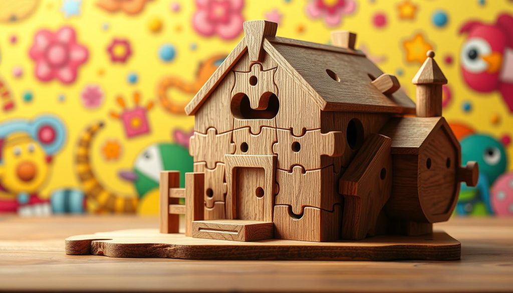 A whimsical wooden jigsaw puzzle comes to life, its intricate pieces carefully carved and polished to a gleaming finish. The puzzle is set against a vibrant, cartoon-inspired background, bursting with bold colors and playful patterns. Soft, diffused lighting casts a warm glow, highlighting the natural texture and grain of the wood. The scene exudes a sense of joy and creativity, inviting the viewer to dive into the puzzle-making process and imagine the endless possibilities of transforming a simple wooden canvas into a work of art.