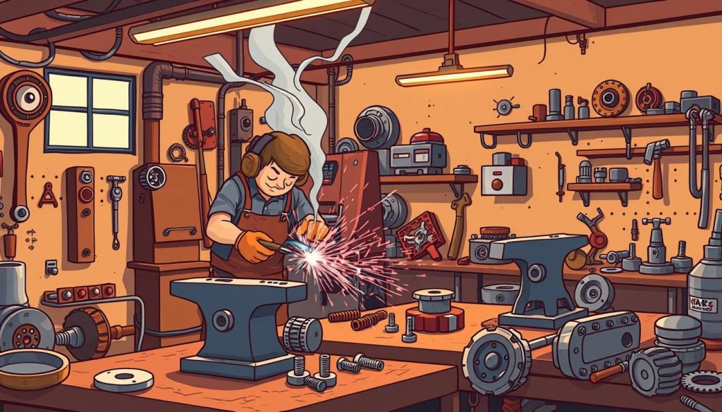 A workshop filled with intricate metalworking tools and techniques. Sparks fly as a skilled artisan welds sleek steel, shaping it with precision. Hammers rhythmically strike against anvils, echoing the creative process. Gears, bolts, and a variety of metal components are scattered across the workbench, hinting at the diverse projects underway. The space has a warm, industrial ambiance, illuminated by the soft glow of task lighting and the occasional burst of electric welding. A sense of focus and craftsmanship permeates the scene, capturing the essence of metalworking in a stylized, cartoon-like illustration.