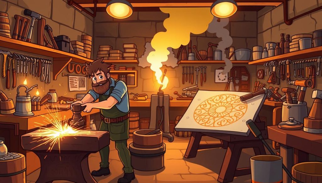 A workshop filled with the tools and techniques of the metalsmith's craft. In the foreground, a skilled blacksmith hammers a glowing metal bar on an anvil, sparks flying. In the middle ground, a craftsperson welds intricate patterns onto a sheet of steel using a bright, arcing torch. In the background, shelves and workbenches display an array of hammer, tongs, and other forging implements. The scene is bathed in a warm, amber glow, conveying the intense heat and energy of the metalworking process. Cartoon-style elements add a whimsical touch, with anthropomorphized tools and materials coming to life.