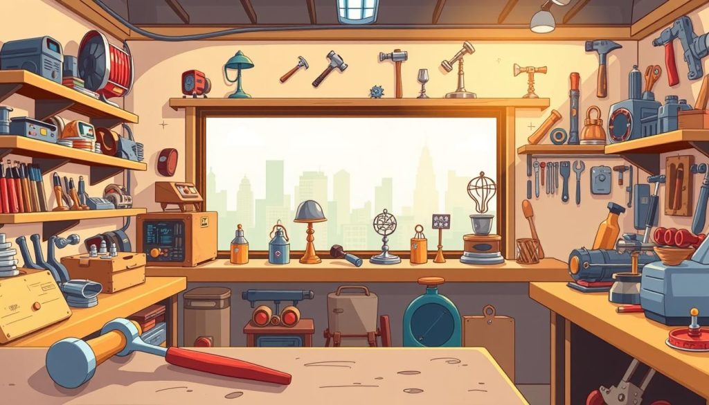 A workshop filled with various metalworking tools and projects. In the foreground, a workbench with a mallet, pliers, and a half-finished metal sculpture. In the middle ground, shelves displaying an array of welding equipment, hammers, and finished DIY creations like a metal lamp and a small metal garden sculpture. The background features a large window overlooking a cityscape, casting a warm, natural light across the scene. The overall atmosphere is one of creativity, craftsmanship, and a passion for working with metal. The style is a vibrant, whimsical cartoon aesthetic.