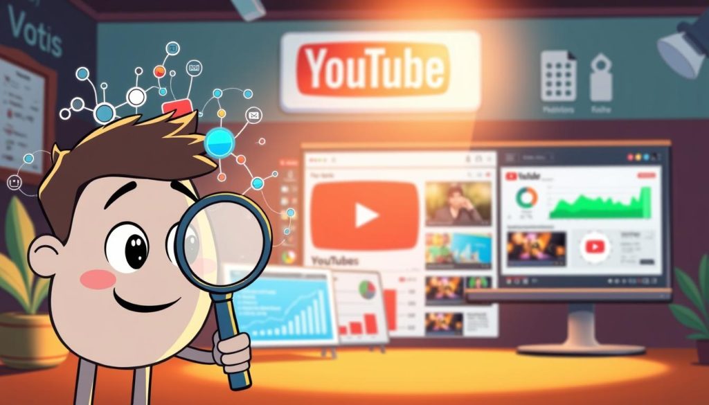 An animated scene depicting the process of search engine optimization (SEO) for a YouTube channel. In the foreground, a friendly character with a magnifying glass carefully examines the intricate algorithms and metrics that govern YouTube's search rankings. In the middle ground, a lively display of colorful data visualizations, analytics dashboards, and keyword optimization tools. In the background, a bustling YouTube interface, with videos, subscribers, and engagement metrics visible. The lighting is warm and inviting, conveying the importance and value of optimizing one's YouTube channel for improved visibility and discoverability. An animated scene depicting the process of search engine optimization (SEO) for a YouTube channel. In the foreground, a friendly character with a magnifying glass carefully examines the intricate algorithms and metrics that govern YouTube's search rankings. In the middle ground, a lively display of colorful data visualizations, analytics dashboards, and keyword optimization tools. In the background, a bustling YouTube interface, with videos, subscribers, and engagement metrics visible. The lighting is warm and inviting, conveying the importance and value of optimizing one's YouTube channel for improved visibility and discoverability.