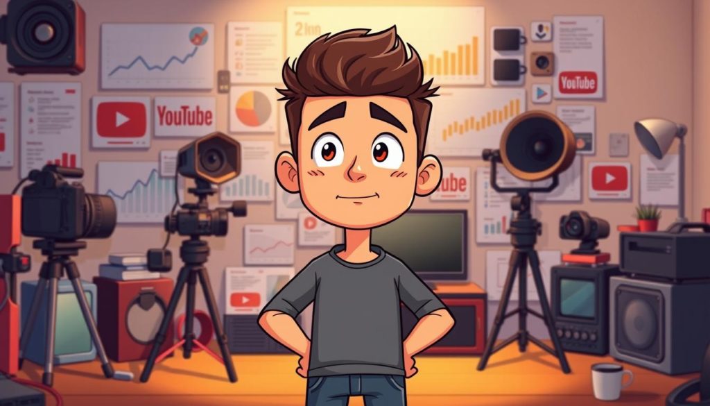 An animated, vibrant image depicting a YouTuber standing confidently, surrounded by an array of content creation tools and equipment. The YouTuber's face is expressive, conveying a sense of determination and focus as they contemplate their channel's goals. In the background, a collage of YouTube analytics and metrics is visible, providing a visual representation of the YouTuber's progress and growth. The scene is illuminated by soft, warm lighting, creating a welcoming and inspirational atmosphere. The overall composition captures the essence of setting and achieving YouTube channel objectives, serving as a visual guide for the article's section on "Defining Your YouTube Channel's Goals".