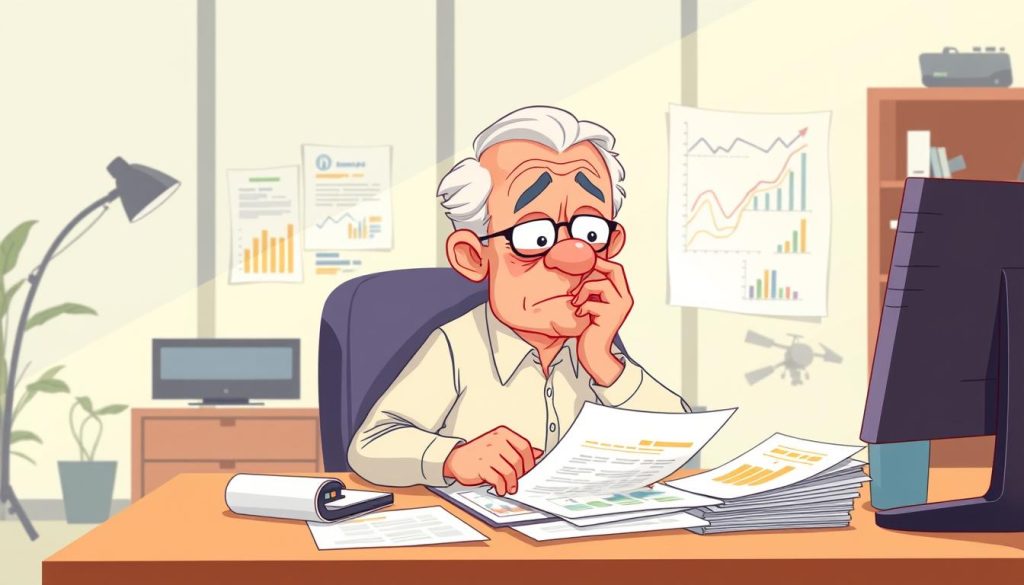 An elderly person sitting at a desk, deep in thought, surrounded by charts, graphs, and financial documents. The lighting is soft and warm, creating a contemplative atmosphere. The character's facial expression conveys a mix of concern and determination as they navigate the complexities of personal finance in their later years. The background features a modern, minimalist office setting, hinting at the challenges and opportunities of managing one's finances after the age of 40. The overall scene is rendered in a stylized, whimsical cartoon style, adding a touch of lightheartedness to the otherwise serious subject matter. An elderly person sitting at a desk, deep in thought, surrounded by charts, graphs, and financial documents. The lighting is soft and warm, creating a contemplative atmosphere. The character's facial expression conveys a mix of concern and determination as they navigate the complexities of personal finance in their later years. The background features a modern, minimalist office setting, hinting at the challenges and opportunities of managing one's finances after the age of 40. The overall scene is rendered in a stylized, whimsical cartoon style, adding a touch of lightheartedness to the otherwise serious subject matter.