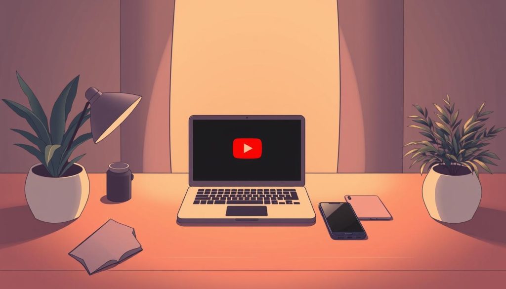 An elegant and minimalist illustration of "سئو یوتیوب" (YouTube SEO), showcasing a serene workspace with a laptop, smartphone, and the YouTube logo icon prominently displayed. The scene is bathed in warm, diffused lighting, creating a cozy and inviting atmosphere. The composition is well-balanced, with the devices arranged in a visually appealing manner, hinting at the optimization and strategies involved in successful YouTube content creation. The overall mood evokes a sense of productivity, focus, and the potential for growth in the digital landscape.
