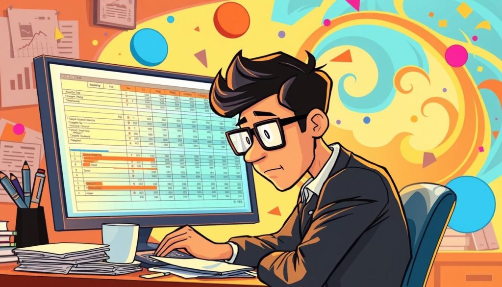 An energetic cartoon illustration showcasing the "تحلیل عملکرد و بهینه‌سازی محتوا" process. In the foreground, a cartoon character wearing a business suit and glasses is intently studying a large spreadsheet on a computer screen, their face filled with concentration. Behind them, a cluttered desk with various office supplies, a coffee mug, and a stack of papers represents the analytical aspects of the task. In the background, vibrant swirls of colorful shapes and patterns symbolize the creative and iterative nature of content optimization. Warm, playful lighting casts a dynamic, lively atmosphere over the entire scene, highlighting the blend of analytical rigor and imaginative problem-solving.