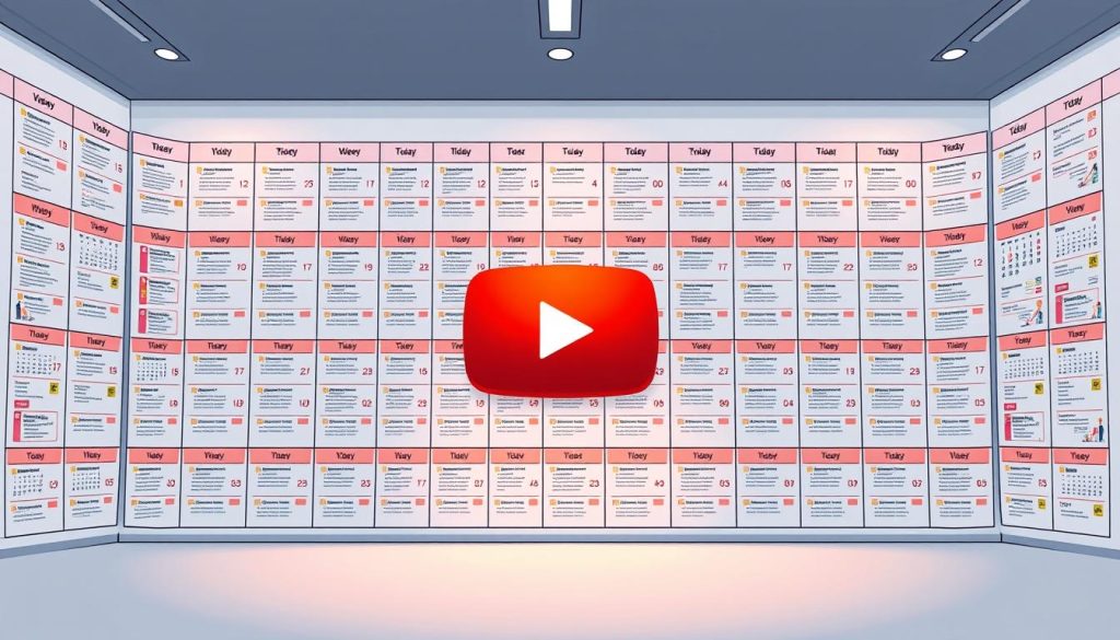 An expansive, neatly organized content calendar for a thriving YouTube channel. A central, vibrant YouTube logo dominates the foreground, casting a warm, inviting glow. In the middle ground, a grid of calendars and content ideas fills the frame, meticulously planned and color-coded. The background depicts a minimalist, clean workspace, with subtle lighting to accentuate the professionalism and attention to detail. The overall mood evokes a sense of productivity, organization, and a strategic approach to building a successful YouTube presence.
