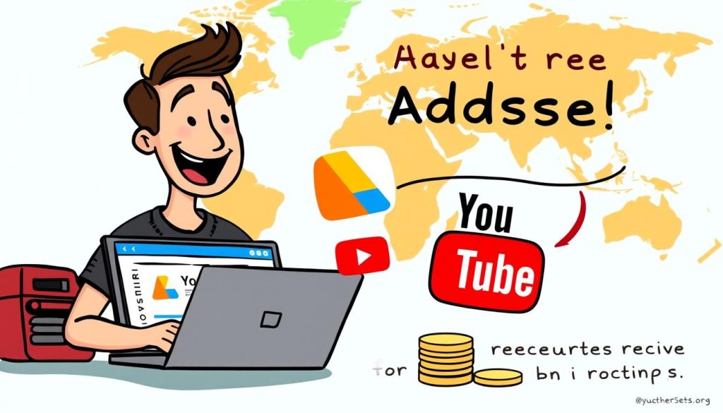 An illustrated cartoon depicting the process of receiving AdSense services and cashing out YouTube earnings. The foreground shows a happy YouTuber viewing their AdSense dashboard on a laptop, while in the middle ground, cartoon representations of AdSense and YouTube logos are prominently displayed. The background features a vibrant world map, hinting at the global nature of online content creation. The overall mood is one of celebration and financial success, with a whimsical, hand-drawn style that complements the article's focus on travel and sports-related YouTube channels. An illustrated cartoon depicting the process of receiving AdSense services and cashing out YouTube earnings. The foreground shows a happy YouTuber viewing their AdSense dashboard on a laptop, while in the middle ground, cartoon representations of AdSense and YouTube logos are prominently displayed. The background features a vibrant world map, hinting at the global nature of online content creation. The overall mood is one of celebration and financial success, with a whimsical, hand-drawn style that complements the article's focus on travel and sports-related YouTube channels.