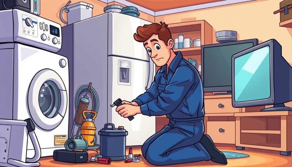 An illustrated cartoon scene depicting a technician repairing a range of household appliances - a washing machine, refrigerator, and television set. The technician, clad in a blue jumpsuit, is intently focused on his work, surrounded by various tools and spare parts. The foreground is well-lit, with a warm, inviting palette, while the background features a cozy home interior with shelves and cabinets, hinting at the domestic setting. The overall mood is one of competence, problem-solving, and the satisfaction of a job well done, capturing the essence of a reliable home appliance repair service.