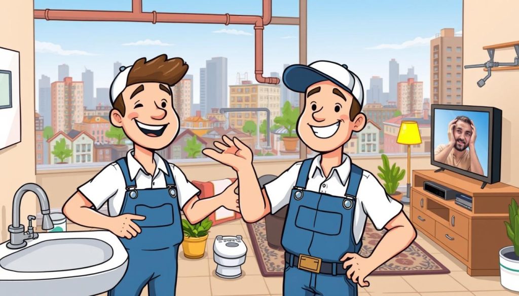 An illustrated scene of a successful plumbing YouTube channel. In the foreground, a friendly plumber in overalls cheerfully demonstrates a plumbing repair technique, surrounded by cartoon-style household objects like a sink, toilet, and pipes. In the middle ground, a cozy home interior with various plumbing fixtures and a TV playing the plumber's video. In the background, a cityscape with apartment buildings and a blue sky, suggesting the broad reach and popularity of the channel. The scene is well-lit, with a warm, inviting color palette and a sense of expertise and professionalism.