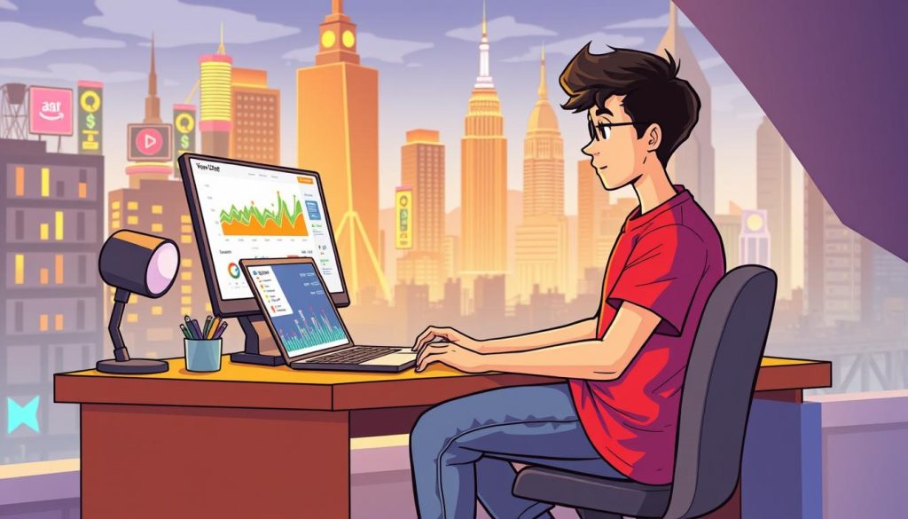 An illustration of a YouTube creator reviewing their channel's revenue streams, depicted in a whimsical cartoon style. A young artist, dressed in a vibrant t-shirt and jeans, sits at a desk surrounded by colorful charts and graphs, carefully analyzing the data on their laptop screen. In the background, a lively cityscape with skyscrapers and neon signs sets the scene, hinting at the creator's urban environment. The lighting is warm and inviting, creating a sense of optimism and engagement. The overall mood is one of focus and determination, as the creator navigates the complexities of earning income from their YouTube channel.