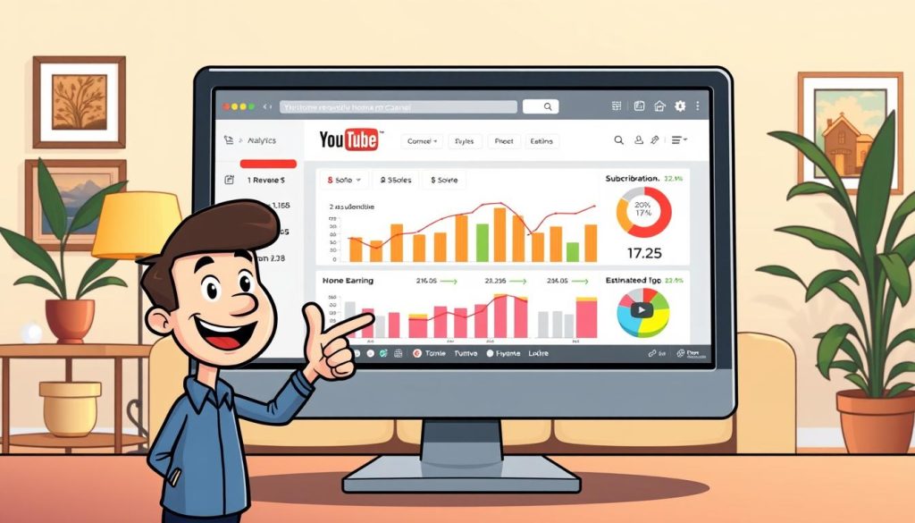An illustration of a computer screen displaying a YouTube analytics dashboard, showcasing the income and revenue metrics of a home renovation channel. In the foreground, a smiling cartoon character, representing the channel owner, points enthusiastically at the screen. The middle ground features a stack of bar graphs and pie charts, visualizing the channel's subscriber count, view statistics, and estimated earnings. The background is a warm, cozy living room setting, with framed artwork and potted plants, hinting at the channel's home renovation focus. The lighting is soft and inviting, creating a sense of comfort and professionalism. The overall composition conveys the excitement and financial potential of a successful YouTube home renovation channel. An illustration of a computer screen displaying a YouTube analytics dashboard, showcasing the income and revenue metrics of a home renovation channel. In the foreground, a smiling cartoon character, representing the channel owner, points enthusiastically at the screen. The middle ground features a stack of bar graphs and pie charts, visualizing the channel's subscriber count, view statistics, and estimated earnings. The background is a warm, cozy living room setting, with framed artwork and potted plants, hinting at the channel's home renovation focus. The lighting is soft and inviting, creating a sense of comfort and professionalism. The overall composition conveys the excitement and financial potential of a successful YouTube home renovation channel.
