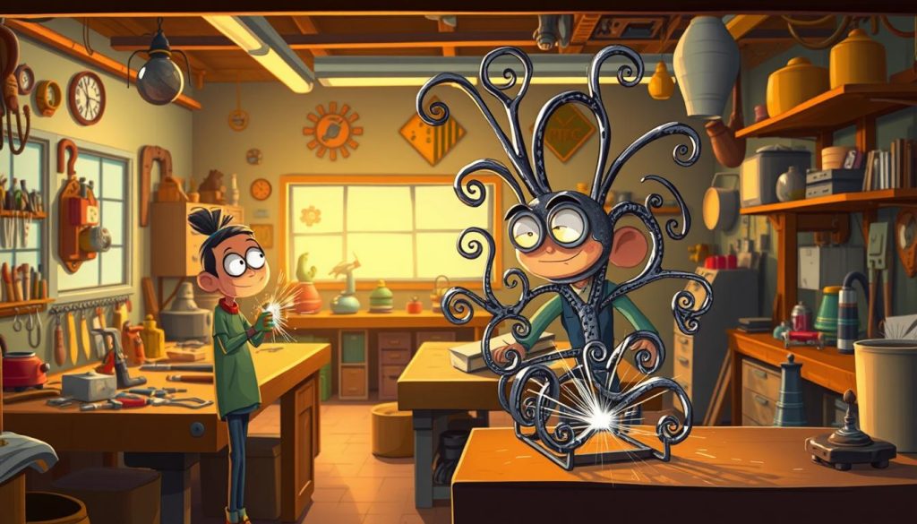 An imaginative scene of whimsical metalworking ideas. In the foreground, a quirky character welds a fantastical iron sculpture, its flowing lines and organic shapes suggesting endless creative possibilities. In the middle ground, workbenches brim with tools and half-finished projects, hinting at the process of ideation and experimentation. The background depicts a vibrant, cartoon-inspired workshop, with brightly colored walls, hanging gadgets, and a sense of boundless innovation. The lighting is warm and inviting, casting a cozy glow that encourages the viewer to dive into this world of imaginative metalcraft. An atmosphere of playful ingenuity and artistic freedom pervades the scene, inspiring the viewer to explore their own creative passions.