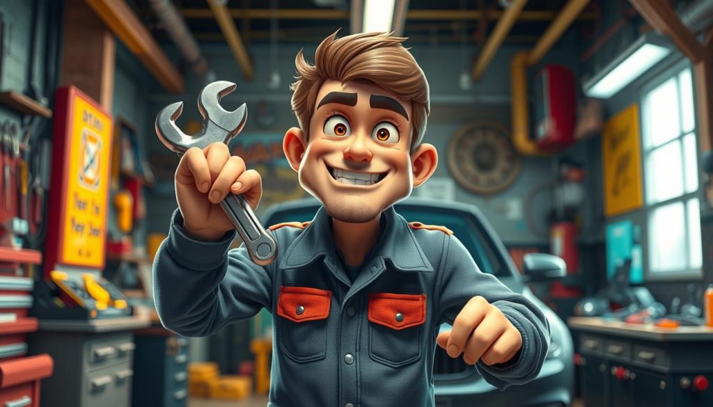 An intriguing and dynamic scene of a cartoon car mechanic, clad in a jumpsuit and wielding a wrench, captivating a diverse audience. The mechanic's expressive gestures and animated demeanor command attention, drawing in viewers with a sense of energy and enthusiasm. The background features a vibrant, colorful workshop setting, complete with tools and machinery, creating a visually engaging and immersive environment. Warm, dynamic lighting illuminates the scene, enhancing the sense of movement and excitement. The composition is balanced, with the mechanic in the foreground and the supporting elements in the middle and background, creating a harmonious and visually compelling image.