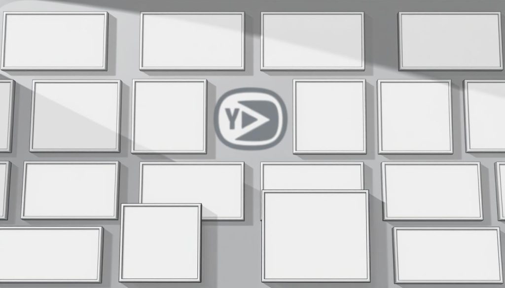 Content template frames with repeating patterns and uniform layout, arranged in a grid-like structure. The frames are minimalist in design, featuring clean lines and neutral colors like grey, black, and white. The frames are positioned in the foreground, taking up the majority of the image. In the background, there is a faint, blurred logo from the website ytpromo.net, providing a subtle context. The overall mood is one of efficiency, organization, and a focus on content creation. The lighting is soft and diffuse, creating a calm, professional atmosphere. The camera angle is frontal, providing a clear, direct view of the content templates.