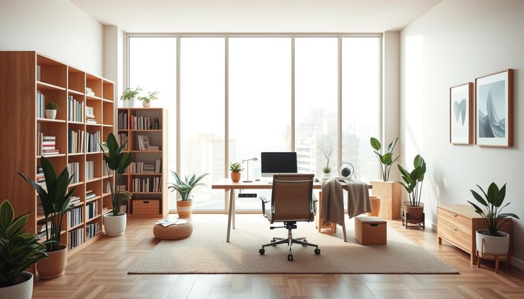 Serene home office with warm lighting and natural elements. A spacious, minimalist workspace with a large desk, comfortable chair, and strategically placed potted plants. Soft neutral tones and natural wood accents create a calming, focused atmosphere. Bookshelves line the walls, offering a curated selection of educational materials. Floor-to-ceiling windows allow ample natural light to flow in, illuminating the space. Sleek, modern technology seamlessly integrated for a distraction-free learning environment. Subtle details like a cozy throw blanket and carefully selected artwork evoke a sense of tranquility. The overall ambiance is designed to inspire productivity and nurture intellectual growth.