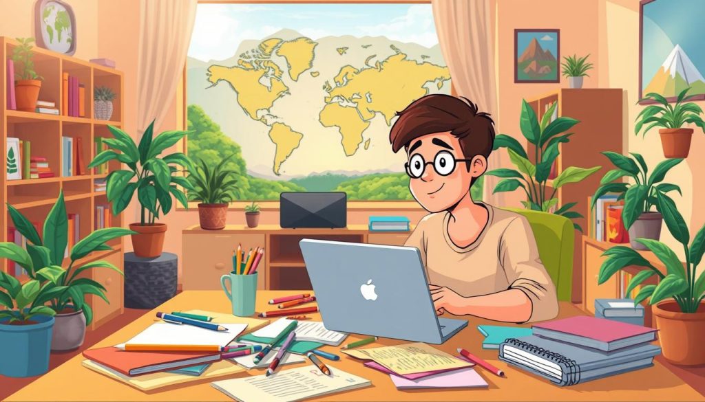 Vibrant and whimsical cartoon scene of a content creator planning their travel vlog. In the foreground, a person sits at a desk, surrounded by a jumble of colorful notepads, pens, and a laptop. They are deep in thought, a look of inspiration on their face. In the middle ground, a world map adorns the wall, pinpointing potential travel destinations. The background is a cozy, warm-toned home office, with bookshelves, houseplants, and a window overlooking a lush, verdant landscape. Soft, natural lighting filters in, casting a dreamlike glow. The overall atmosphere is one of creativity, excitement, and wanderlust, capturing the essence of crafting captivating travel content. Vibrant and whimsical cartoon scene of a content creator planning their travel vlog. In the foreground, a person sits at a desk, surrounded by a jumble of colorful notepads, pens, and a laptop. They are deep in thought, a look of inspiration on their face. In the middle ground, a world map adorns the wall, pinpointing potential travel destinations. The background is a cozy, warm-toned home office, with bookshelves, houseplants, and a window overlooking a lush, verdant landscape. Soft, natural lighting filters in, casting a dreamlike glow. The overall atmosphere is one of creativity, excitement, and wanderlust, capturing the essence of crafting captivating travel content.