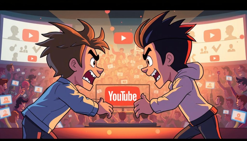 Vibrant cartoon scene depicting a fierce competition on YouTube. In the foreground, two animated YouTubers battle it out, their digital avatars locked in an intense struggle, with dynamic camera angles and dramatic lighting capturing the thrill of the rivalry. The middle ground showcases a bustling YouTube platform, filled with colorful icons, subscribers, and views as the competitors vie for audience attention. The background hints at the broader landscape of the YouTube ecosystem, with trending topics, algorithms, and algorithmic shifts creating an ever-changing battleground for online creators. The overall mood is one of high-stakes competition, creative energy, and the dynamic nature of the YouTube landscape.