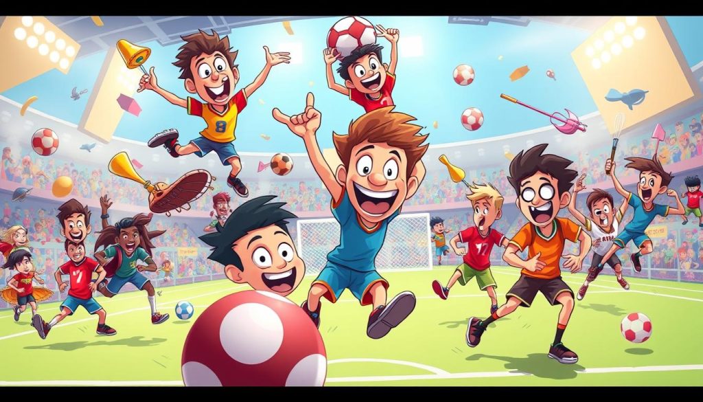 Vibrant cartoon scene of a group of playful athletes engaged in wacky, humorous sports challenges. Chaotic and dynamic composition with acrobatic maneuvers, unexpected props, and exaggerated facial expressions. Bright, saturated colors, dynamic camera angles, and a sense of joyful, lighthearted energy. The foreground features the main action, with the middle ground showcasing a range of imaginative sports events, and the background setting providing an immersive, imaginative sports arena environment. The overall mood is one of hilarity, entertainment, and an invitation to join in the fun and excitement of these outrageous, laugh-inducing athletic pursuits.