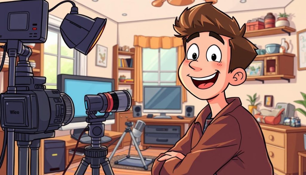 a detailed cartoon scene of a young man with an enthusiastic expression setting up a video recording studio at his home, with various equipment like a camera, lighting, microphone, and a computer monitor visible in the foreground and middle ground. The background should depict a cozy, well-lit room with shelves, a window, and other personal touches that suggest this is the workspace of an aspiring YouTuber. The lighting should be bright and natural, creating a welcoming atmosphere. The composition should convey a sense of excitement and determination as the character embarks on his journey to start a YouTube channel about his electrical work and daily life. a detailed cartoon scene of a young man with an enthusiastic expression setting up a video recording studio at his home, with various equipment like a camera, lighting, microphone, and a computer monitor visible in the foreground and middle ground. The background should depict a cozy, well-lit room with shelves, a window, and other personal touches that suggest this is the workspace of an aspiring YouTuber. The lighting should be bright and natural, creating a welcoming atmosphere. The composition should convey a sense of excitement and determination as the character embarks on his journey to start a YouTube channel about his electrical work and daily life.