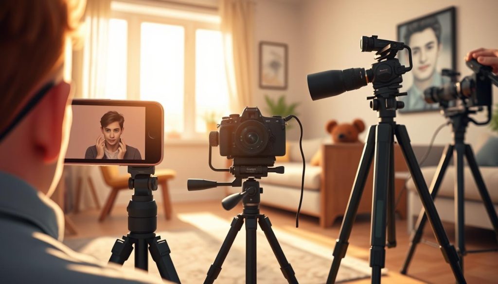a dynamic and engaging DIY filmmaking scene, showcasing a variety of camera angles and techniques. In the foreground, a smartphone camera mounted on a tripod captures a subject from a low-angle perspective, creating a sense of drama and intensity. The middle ground features a compact DSLR camera mounted on a stabilizer, allowing for smooth, cinematic movements. In the background, a professional-grade mirrorless camera is set up on a sturdy tripod, its long lens capturing a wider view of the scene. Soft, natural lighting filters through the windows, casting a warm, cinematic glow over the entire composition. The overall mood is one of creativity, experimentation, and a DIY spirit, perfectly complementing the article's focus on the rise of YouTube home renovation content.