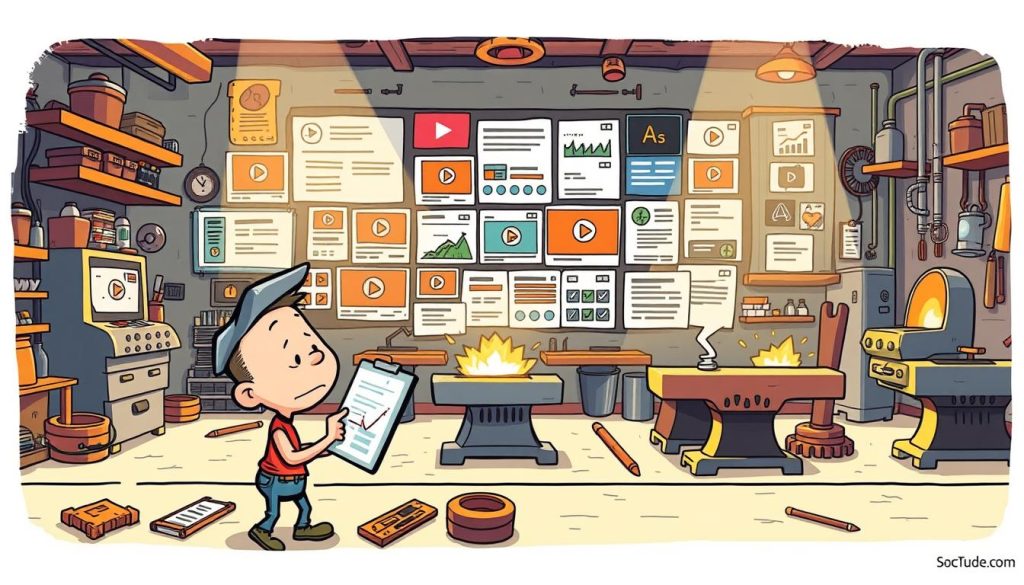 a vibrant, dynamic illustration of a search engine optimization (SEO) strategy for creative metalworking and blacksmithing YouTube videos. The foreground features a whimsical character, perhaps a metalsmith or YouTuber, tinkering with various digital tools and analytics dashboards. The middle ground showcases a collage of video thumbnails, social media icons, and SEO-related graphics. The background depicts a stylized metalworking workshop, complete with forges, anvils, and other industrial elements. The scene is illuminated by a warm, golden lighting, evoking a sense of creativity, productivity, and technical expertise. The overall mood is one of focus, innovation, and a playful approach to optimizing video content for maximum visibility and engagement.