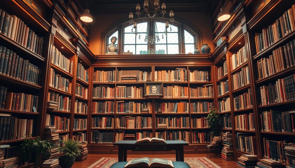 A beautifully curated library backdrop with warm lighting, rich wooden bookshelves, and an array of books in various sizes and colors. The scene has a cozy, intellectual atmosphere, inviting the viewer to immerse themselves in the world of literature. The camera angle is slightly low, creating a sense of grandeur and a focal point on the meticulously arranged books and decor. The overall visual impact is one of a professional, visually appealing YouTube setup that enhances the content and reflects the passion for literature.