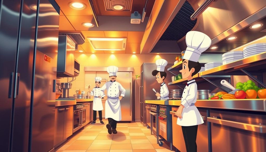 A bustling, well-equipped kitchen comes alive, with chefs in crisp white uniforms effortlessly navigating the space. Gleaming stainless steel appliances and colorful ingredients create a vibrant, dynamic atmosphere. Warm, soft lighting casts a comforting glow, while the camera captures the scene from a low angle, emphasizing the energy and organized chaos of the kitchen. Cartoon-style visuals lend a playful, lighthearted touch, inviting the viewer to imagine the delectable dishes being prepared behind the scenes.