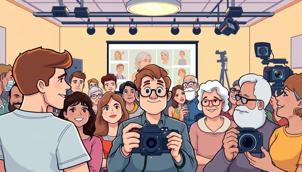 A captivating cartoon illustration showcasing a diverse audience of viewers, ranging from young adults to seniors, all intently watching a vibrant YouTube channel dedicated to photography tutorials. The foreground features a charismatic instructor demonstrating camera techniques, with a thoughtful, approachable expression. The middle ground depicts a variety of engaged learners, their faces lit with enthusiasm, while the background showcases a modern, minimalist studio setting with sleek equipment and a cheerful, warm lighting scheme. The overall composition conveys a sense of community, learning, and a passion for photography that transcends age boundaries.