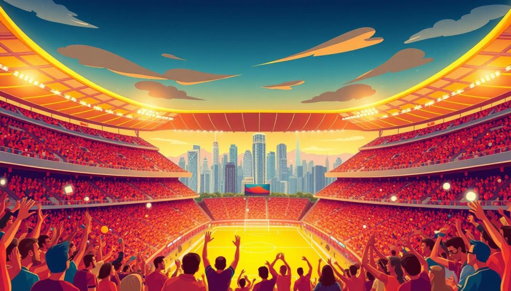 A captivating cartoon-style illustration of a modern sports stadium, showcasing its architectural grandeur and dynamic atmosphere. The foreground depicts lively crowds of fans enthusiastically cheering and celebrating, their vibrant expressions and gestures conveying the infectious energy of the event. The middle ground features the imposing stadium structure, with its sleek, curved lines and towering stands, all bathed in warm, golden lighting that creates a sense of excitement and anticipation. The background panorama reveals a vibrant urban landscape, with skyscrapers and bustling city streets, hinting at the stadium's prominent role within the community. The overall composition captures the allure of sports stadiums as not just venues for athletic events, but as hubs of social interaction, entertainment, and community pride.