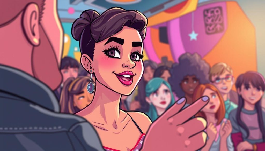 A captivating cartoon-style illustration showcasing the art of audience engagement. In the foreground, a charismatic YouTuber makeup artist commands attention, their vibrant makeup and expressive gestures drawing the viewer's gaze. The middle ground features an eager audience, their faces alight with fascination, reflecting the artist's magnetic presence. In the background, a vibrant, stylized setting with bold colors and dynamic shapes creates an energetic atmosphere, amplifying the sense of creativity and connection. Soft, diffused lighting casts a warm, inviting glow, while the camera angle captures the scene from a slightly elevated perspective, conveying a sense of dynamism and engagement.