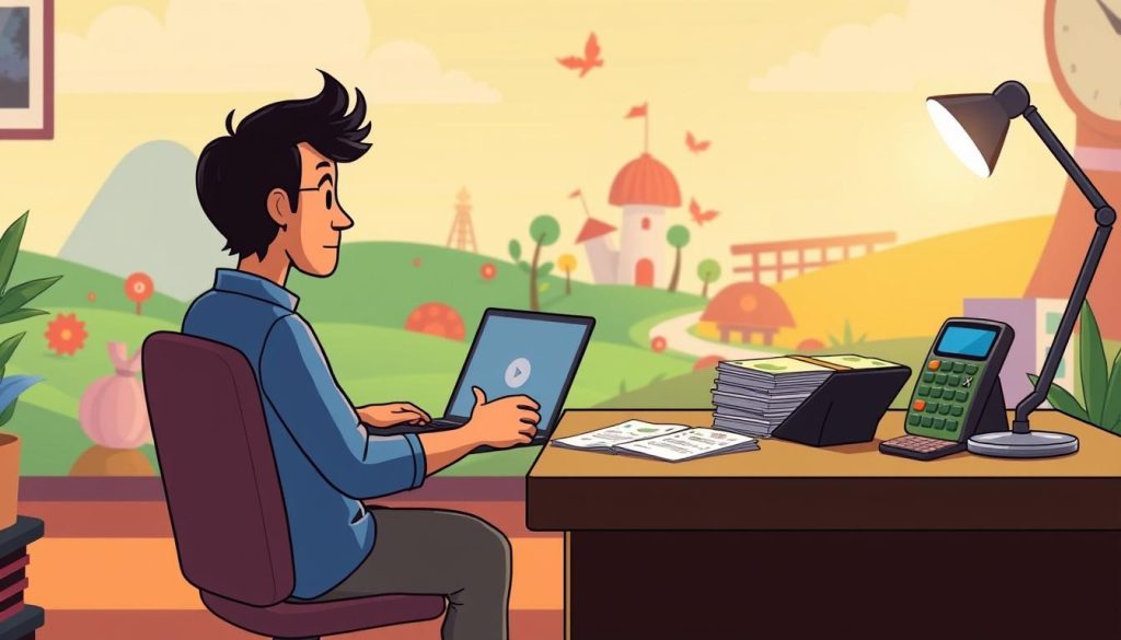A cartoon illustration depicting the process of analyzing and critiquing YouTube income. In the foreground, a YouTuber sits at a desk, examining financial reports and data on a laptop screen. Beside them, a stack of bills and a calculator symbolize the financial aspects of their content creation. In the middle ground, various revenue streams are represented, such as advertising, sponsorships, and merchandise. The background features a colorful, whimsical landscape with playful, stylized elements that convey the creative and entrepreneurial nature of the YouTube platform. The overall scene is lit by a warm, soft lighting that creates a contemplative and introspective mood, reflecting the thoughtful process of optimizing YouTube income.