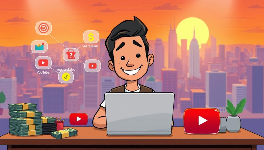 A cartoon illustration of a person reviewing their YouTube income and monetization strategies. In the foreground, a smiling character sits at a desk, surrounded by stacks of cash, a laptop, and a YouTube logo. In the middle ground, various revenue streams like ad revenue, sponsorships, and merchandise sales are represented by colorful icons. The background depicts a vibrant cityscape, symbolizing the growth and opportunities of the YouTube platform. The lighting is warm and inviting, creating a positive and aspirational mood. The composition emphasizes the financial potential of YouTube while maintaining a lighthearted, approachable aesthetic.