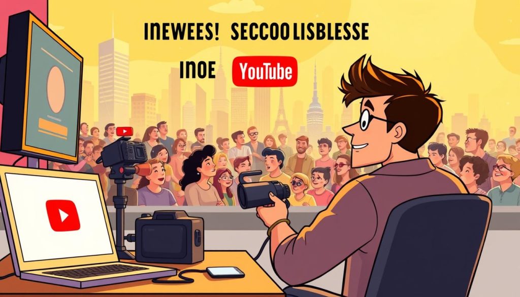 A cartoon-style illustration depicting the key elements for success on YouTube. In the foreground, a content creator sits at a desk with a laptop, camera, and other video production equipment, their face filled with determination. In the middle ground, a crowd of enthusiastic viewers watches, their eyes glued to the screen. In the background, a vibrant cityscape with skyscrapers and landmarks represents the global reach of YouTube. The scene is bathed in warm, golden lighting, conveying a sense of achievement and celebration. The overall mood is one of optimism, creativity, and the thrill of building a successful YouTube channel.