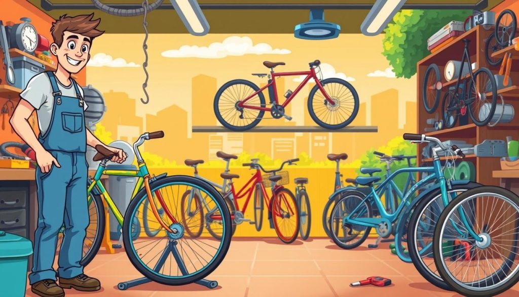 A cheerful, cartoon-style illustration depicting a well-equipped bicycle repair workshop. In the foreground, a mechanic in overalls enthusiastically works on a colorful, vintage-style bicycle, surrounded by a variety of tools and spare parts. In the middle ground, an assortment of bicycles in various states of disrepair are neatly organized, waiting to be serviced. The background features a warm, sunny atmosphere with vibrant colors, perhaps a cityscape or a lush, verdant setting, suggesting the diverse environments where these repair services might take place. The overall scene conveys a sense of expertise, diligence, and a passion for bicycle maintenance and restoration. A cheerful, cartoon-style illustration depicting a well-equipped bicycle repair workshop. In the foreground, a mechanic in overalls enthusiastically works on a colorful, vintage-style bicycle, surrounded by a variety of tools and spare parts. In the middle ground, an assortment of bicycles in various states of disrepair are neatly organized, waiting to be serviced. The background features a warm, sunny atmosphere with vibrant colors, perhaps a cityscape or a lush, verdant setting, suggesting the diverse environments where these repair services might take place. The overall scene conveys a sense of expertise, diligence, and a passion for bicycle maintenance and restoration.