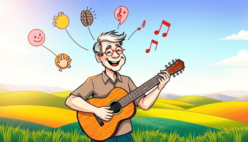A cheerful, hand-drawn illustration depicting the benefits of learning a musical instrument. In the foreground, a middle-aged man joyfully plays a guitar, his face expressing contentment and focus. In the middle ground, symbols representing mental acuity, improved coordination, and emotional well-being float around him. In the background, a vibrant, colorful landscape with rolling hills, a clear sky, and a warm, golden light creates a sense of tranquility and personal growth. The overall tone is playful, positive, and inspiring, encouraging the viewer to consider taking up a musical instrument later in life. A cheerful, hand-drawn illustration depicting the benefits of learning a musical instrument. In the foreground, a middle-aged man joyfully plays a guitar, his face expressing contentment and focus. In the middle ground, symbols representing mental acuity, improved coordination, and emotional well-being float around him. In the background, a vibrant, colorful landscape with rolling hills, a clear sky, and a warm, golden light creates a sense of tranquility and personal growth. The overall tone is playful, positive, and inspiring, encouraging the viewer to consider taking up a musical instrument later in life.