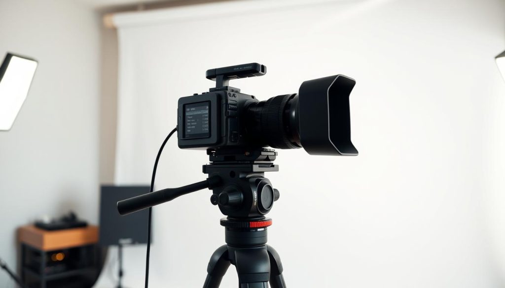 A clean, minimalist video recording setup with a simple backdrop, featuring a professional-grade camera on a sturdy tripod. The lighting is soft and evenly distributed, creating a warm, inviting atmosphere. The camera settings are meticulously adjusted, with the aperture, shutter speed, and ISO optimized for capturing high-quality footage. The framing is carefully composed, ensuring the subject is centered and the background is uncluttered, allowing the viewer to focus on the content. The overall setup conveys a sense of attention to detail and a commitment to producing a visually appealing and technically sound video for an unboxing segment.