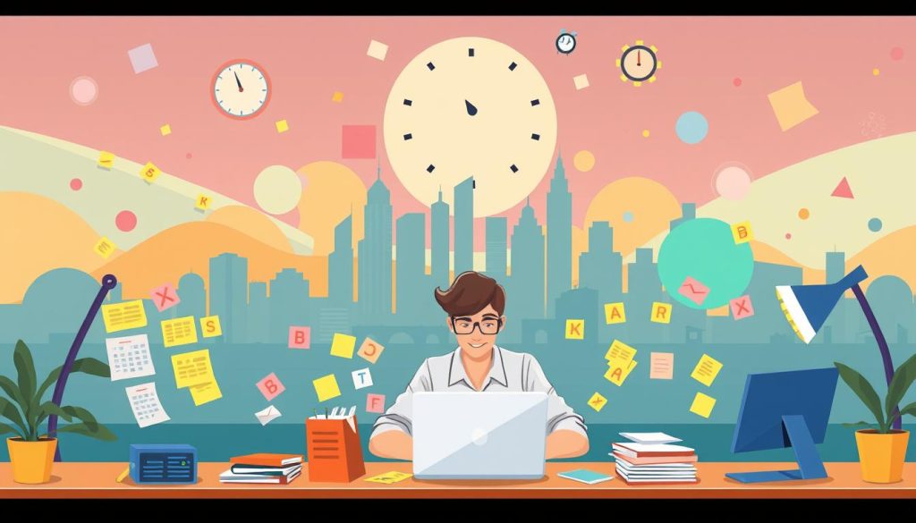 A colorful and dynamic illustration of time management and content planning. In the foreground, a diligent person sits at a desk, surrounded by a swirl of sticky notes, calendars, and a laptop, symbolizing the organized chaos of managing a content creation workflow. The middle ground features a stylized city skyline, representing the fast-paced digital landscape. In the background, abstract shapes and patterns evoke the endless possibilities of content creation, while warm lighting and a vibrant color palette convey a sense of productivity and creative energy. The overall scene reflects the challenges and opportunities of time management and content planning for a successful YouTube channel focused on home cleaning tips.